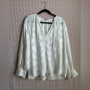 Vince Silk Cotton Blend Floral Sheer Long Sleeve Tie‎ Neck Blouse Sz M White